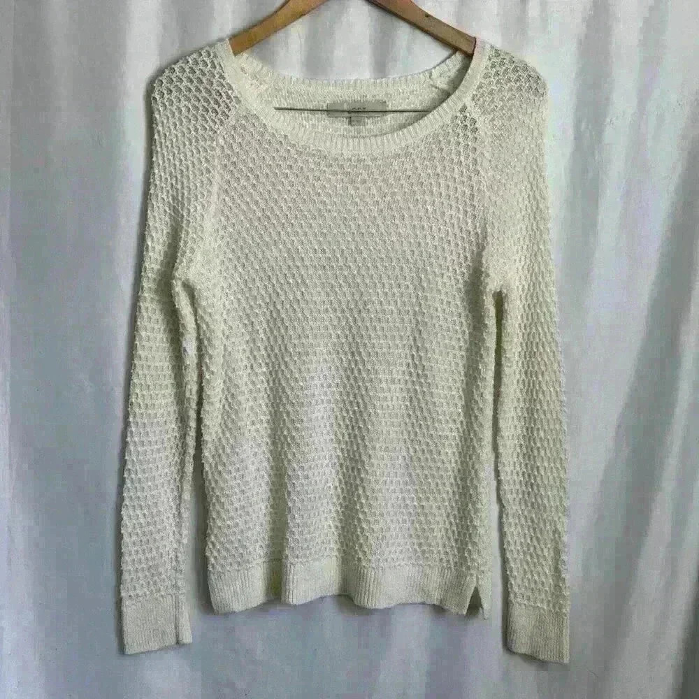 Ann Taylor Loft Womens Sweater Linen Blend Crew neck‎ Scalloped Cream Medium